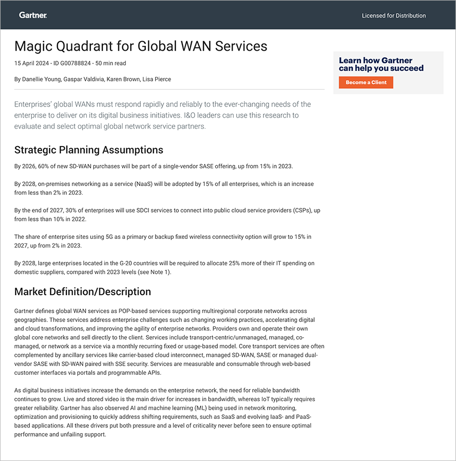 Orange Business continues to be recognized as a Leader and is positioned highest in Ability to Execute axis in the 2024 Gartner® Magic Quadrant™ for Global WAN Services.