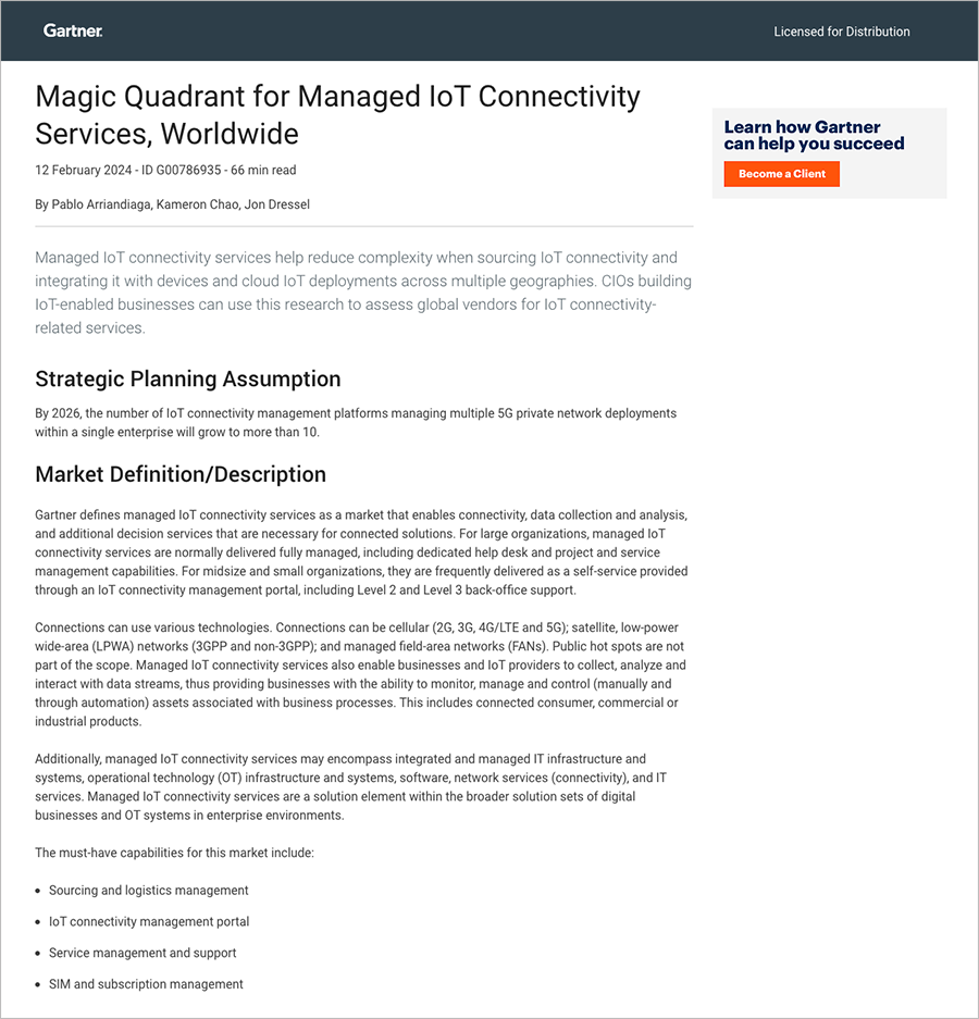 Magic Quadrant for Managed IoT Connectivity Services, Worldwide