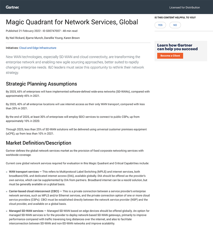 Orange Business Services is once again positioned as a Leader in the 2022 Gartner® Magic Quadrant™ for Network Services, Global